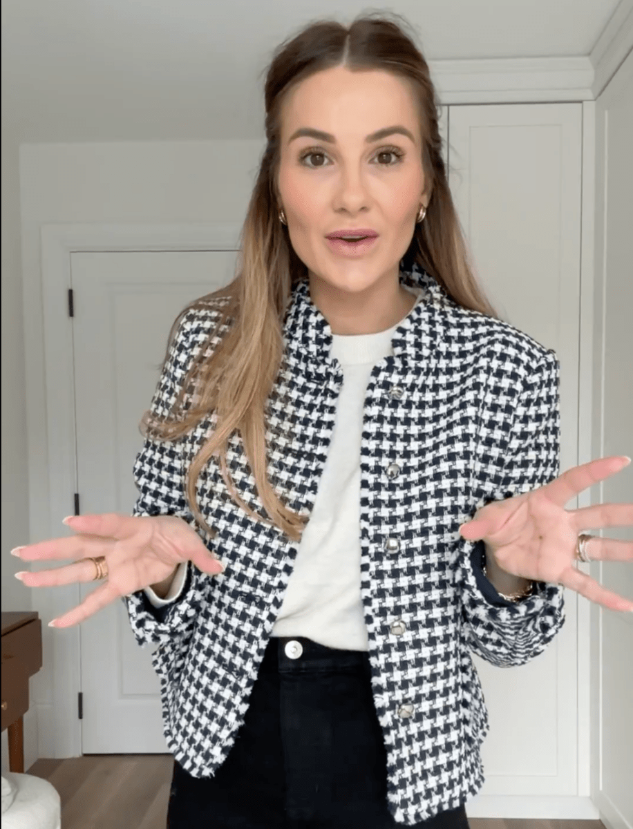 M&S Blue Navy / White Houndstooth Tweed Jacket With Silver Buttons UK 8 - Reliked