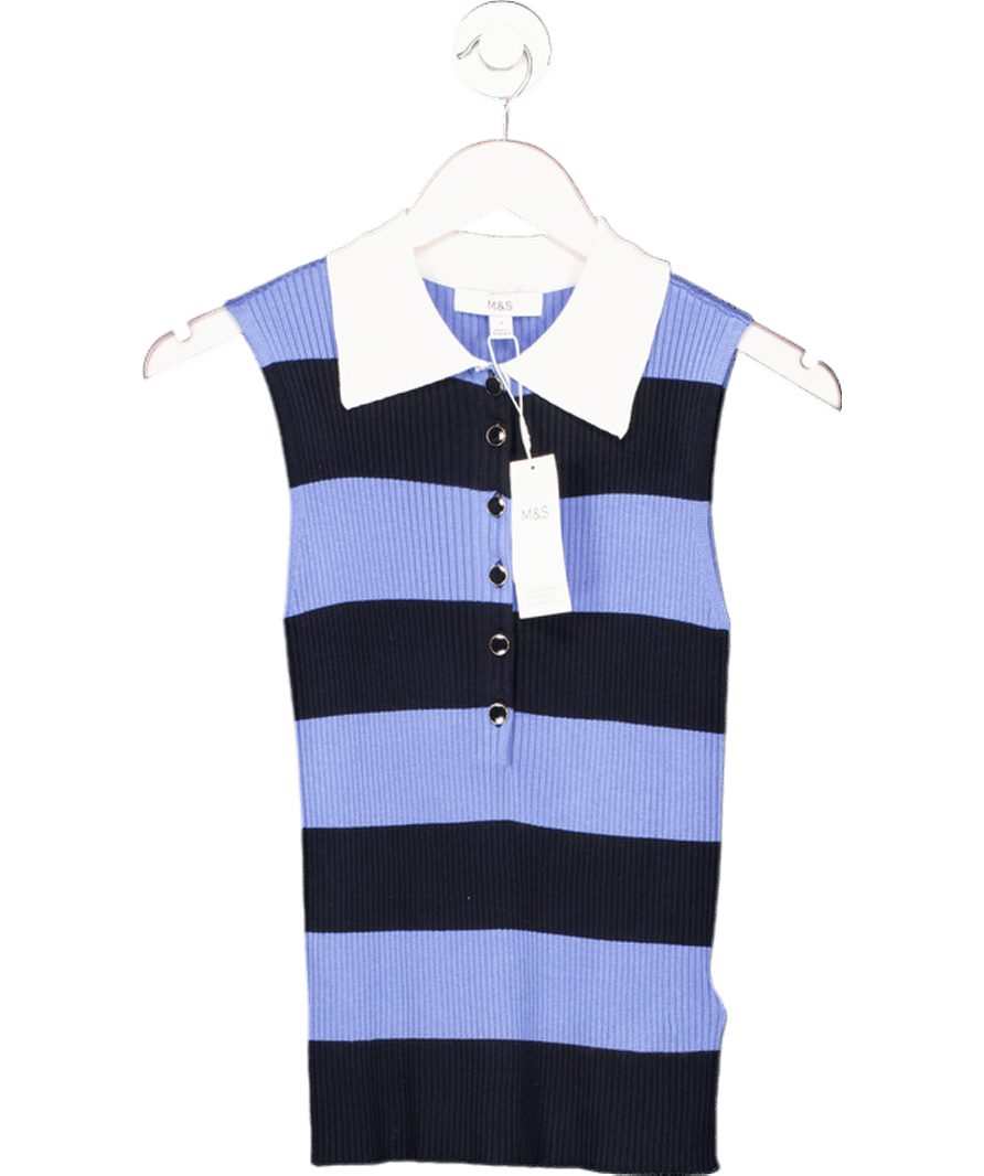 M&S Blue Striped Collared Knitted Vest UK 8 - Reliked