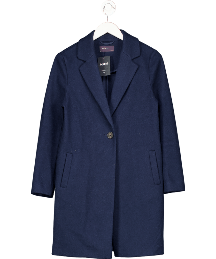 M&S Collection Navy Blue Wool Look Single Breasted Coat UK 6 - Reliked