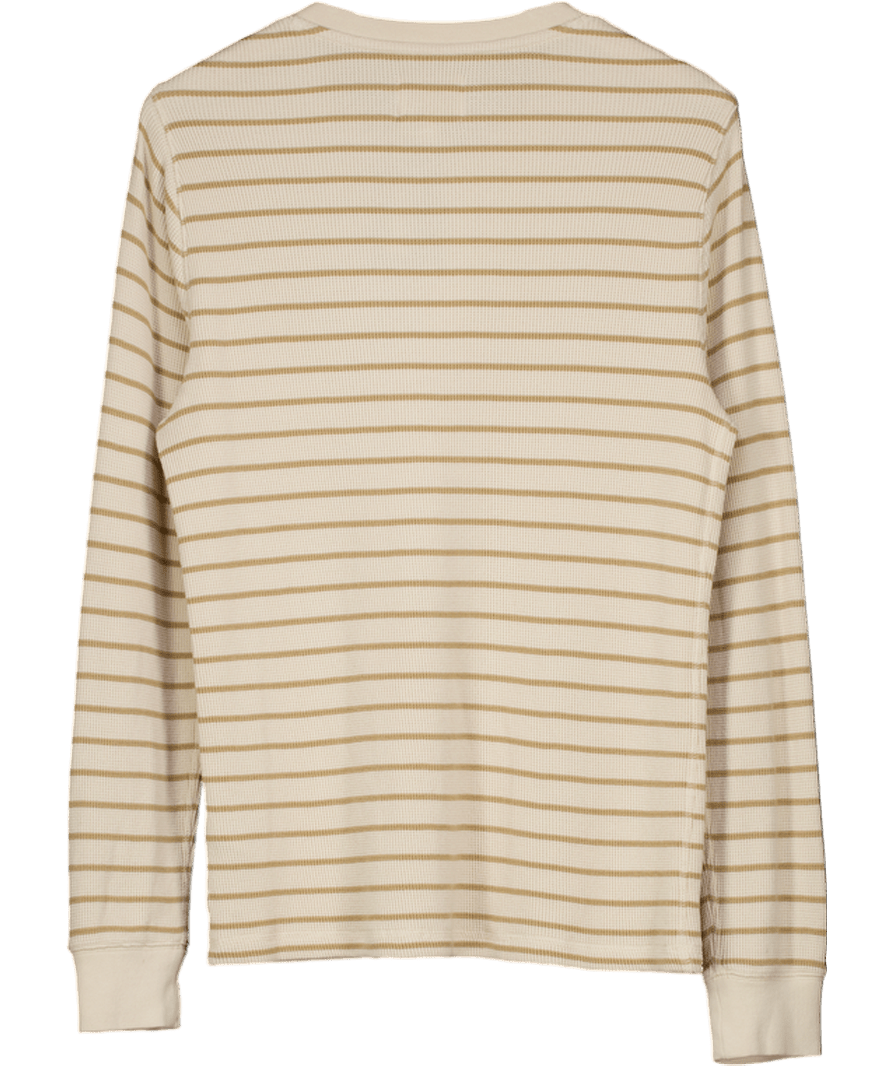 M&S Cream / Beige Striped Weaffle Henley Long Sleeve Top UK S - Reliked