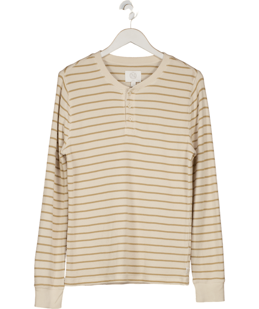 M&S Cream / Beige Striped Weaffle Henley Long Sleeve Top UK S - Reliked