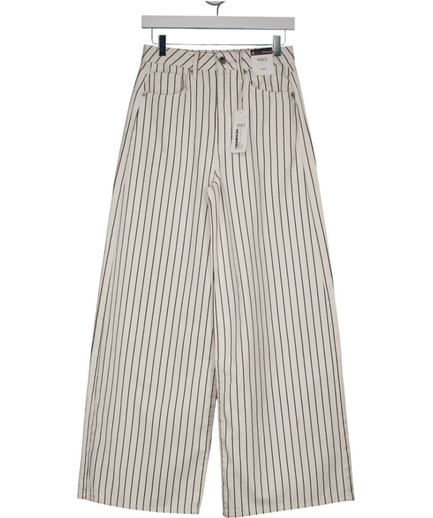 M&S White / Black High Waisted Striped Wide Leg Jeans UK 8 - Reliked