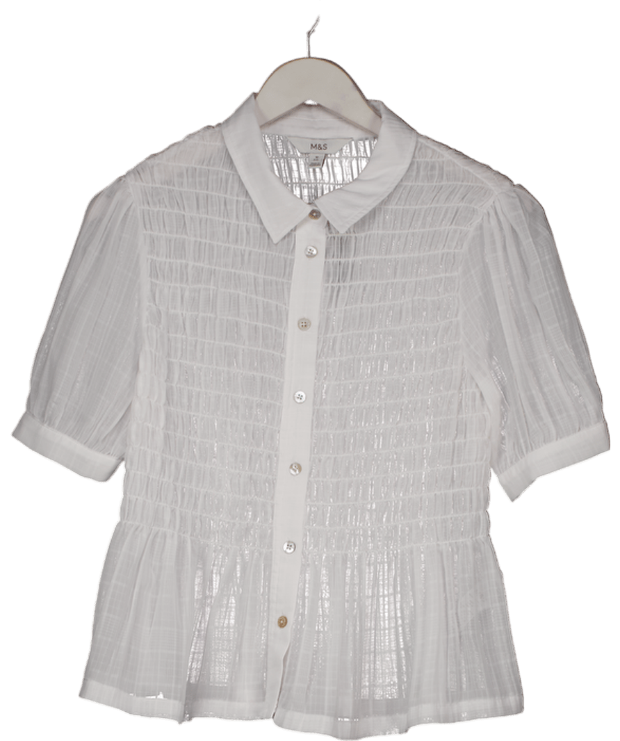 M&S White Smocked Front Short Sleeve Blouse UK 12 - Reliked