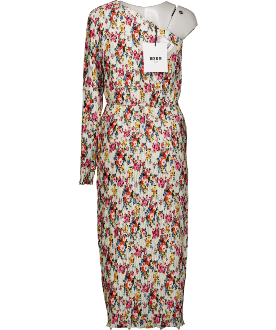 MSGM Multicoloured One - shoulder Floral Plisse Dress It42 UK 10 - Reliked