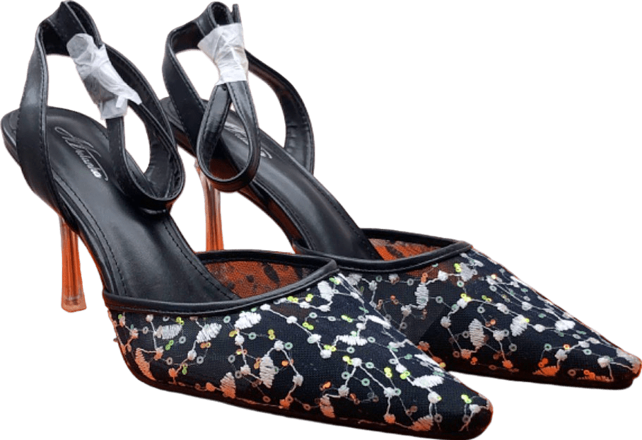 Mulanka Black Floral Embellished Heeled Sandals UK 7.5 - Reliked