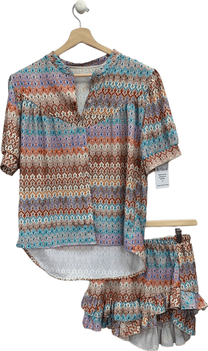 Multicolour Patterned Short Sleeve Wrapped Top and Ruffled Skirt Set Uk S - Reliked