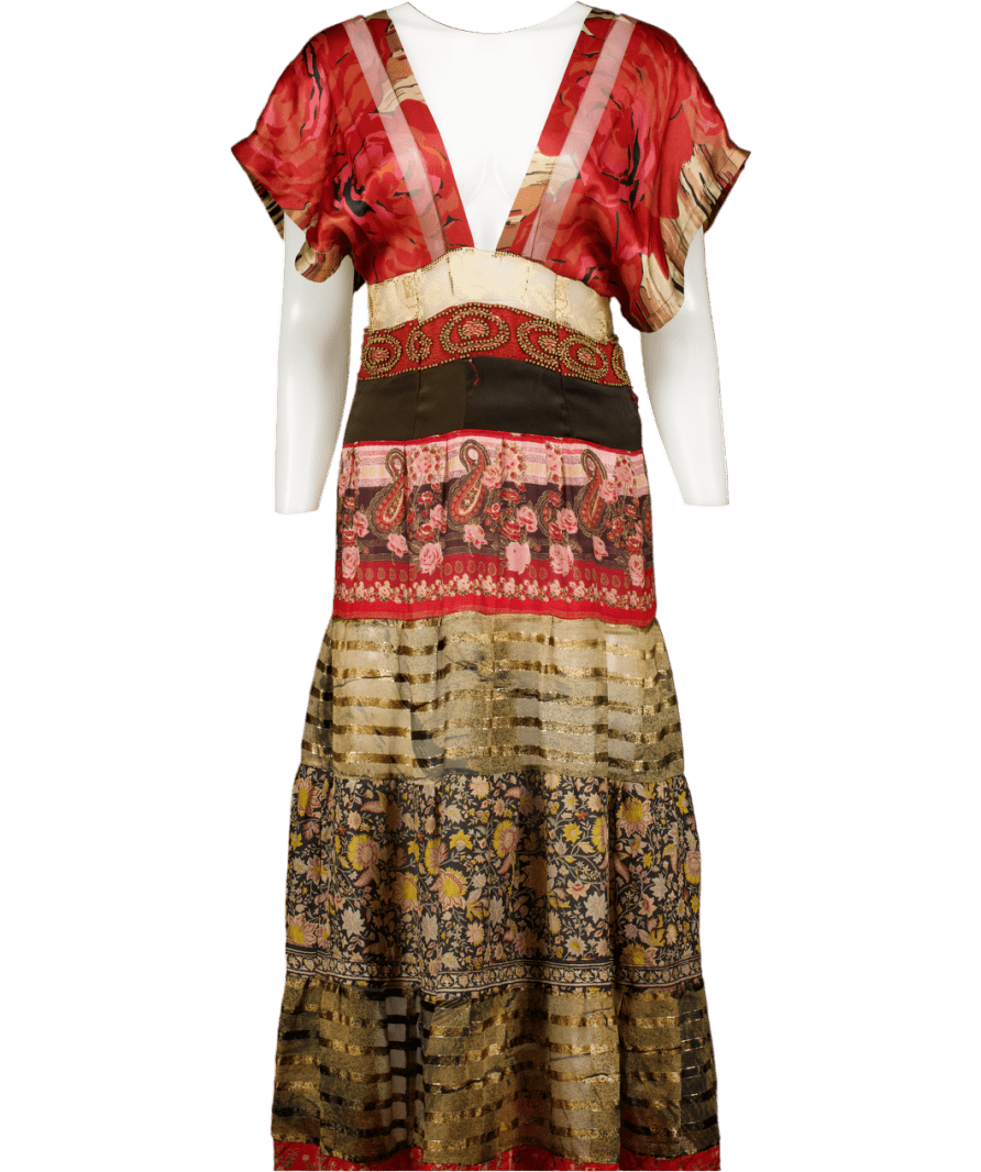 Multicoloured Tiered Multi Print Maxi Dress UK S - Reliked