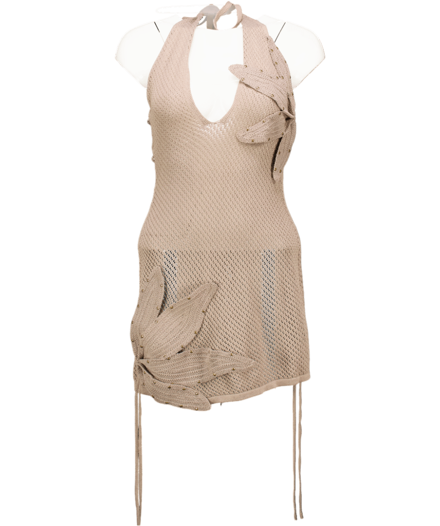 MURCI Beige Navara Applique Petal Halterneck Mini Dress UK 10 - Reliked