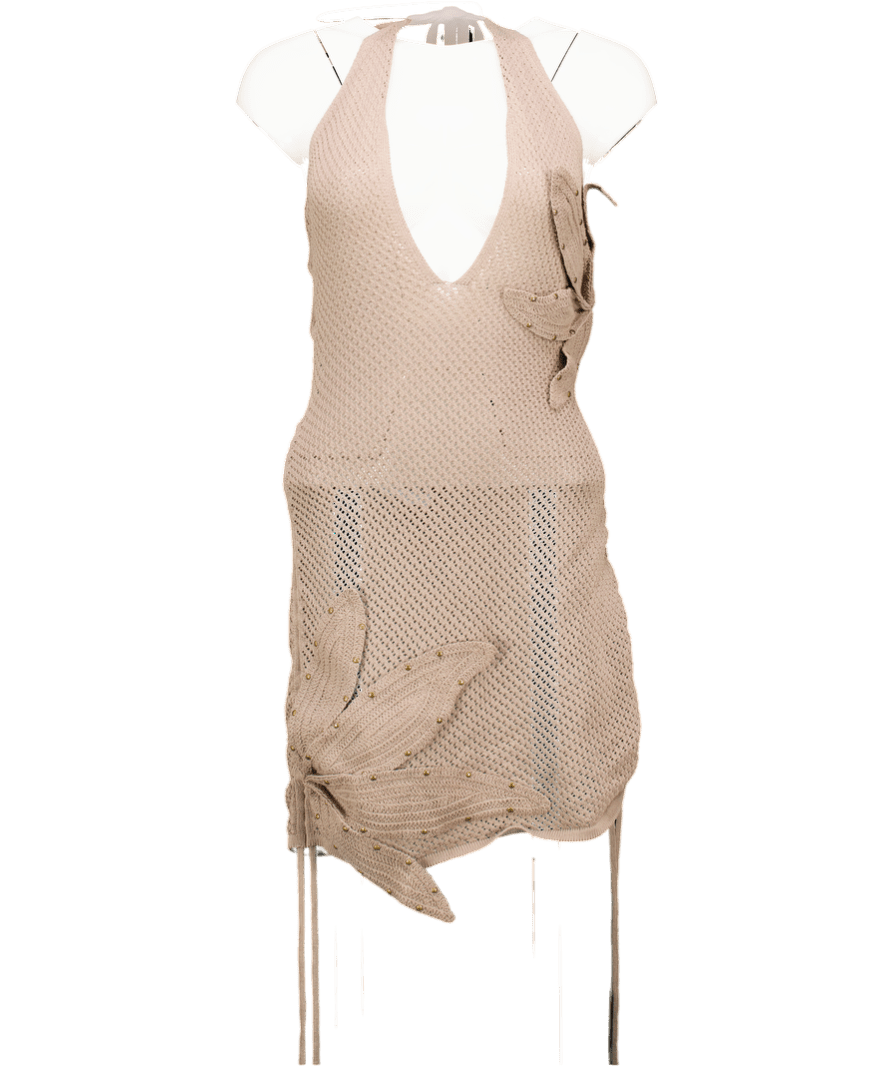 MURCI Beige Navara Applique Petal Halterneck Mini Dress UK 8 - Reliked