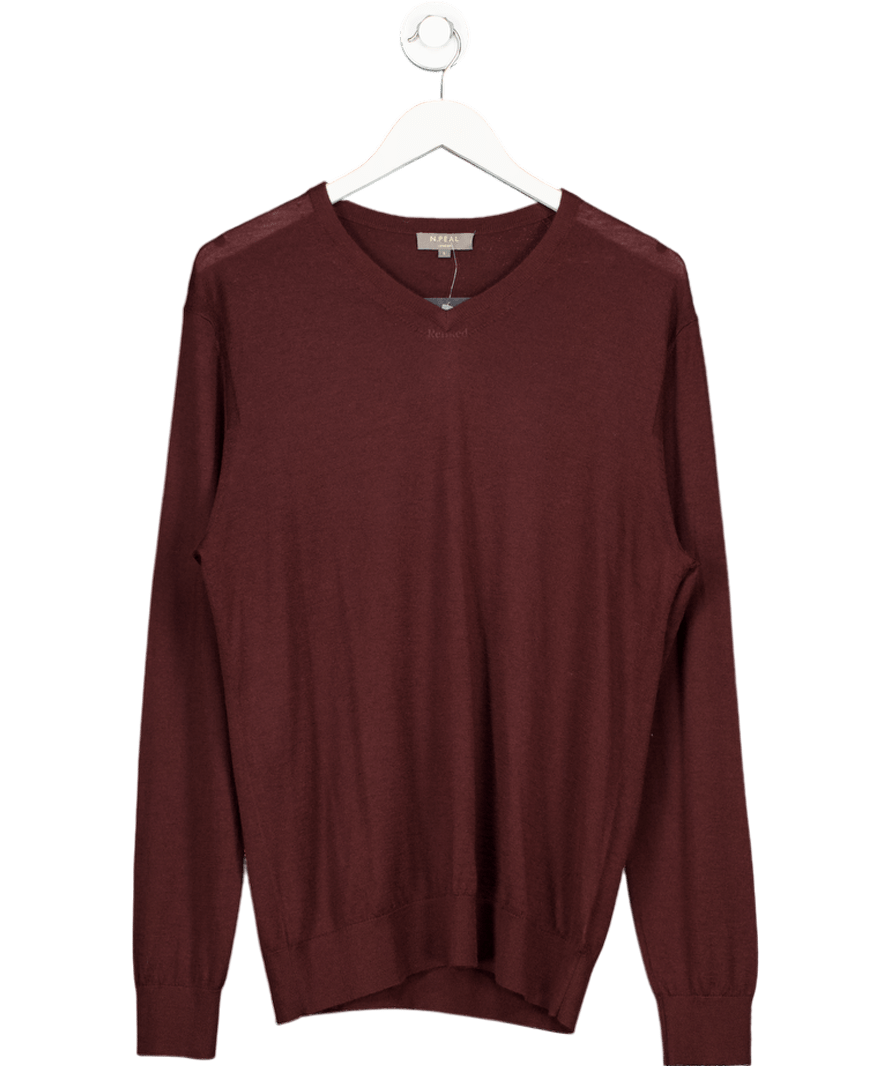 N. Peal Red Burgundy Fine Gauge Cashmere / Silk Blend V Neck Jumper UK L - Reliked