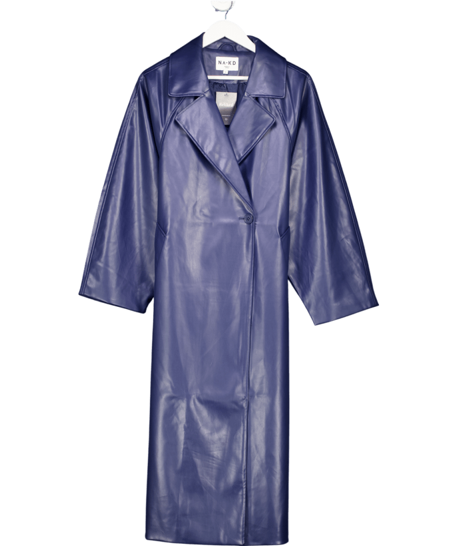 NA - KD Blue Faux Leather Longline Coat UK 8 - Reliked
