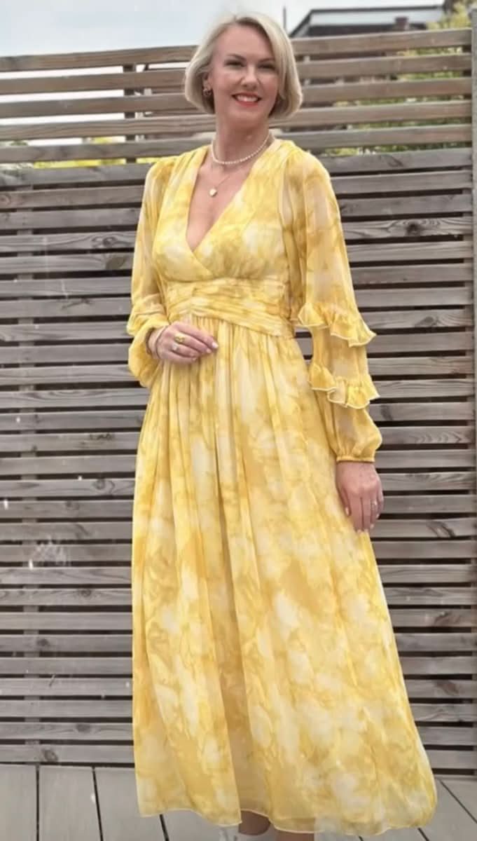 NA - KD Yellow Structured Chiffon Wide Sleeve Maxi Dress UK 10 - Reliked