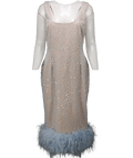 Nadine Merabi Baby Blue / Nude Beaded Lulu Dress With Feather Hem UK L - Reliked