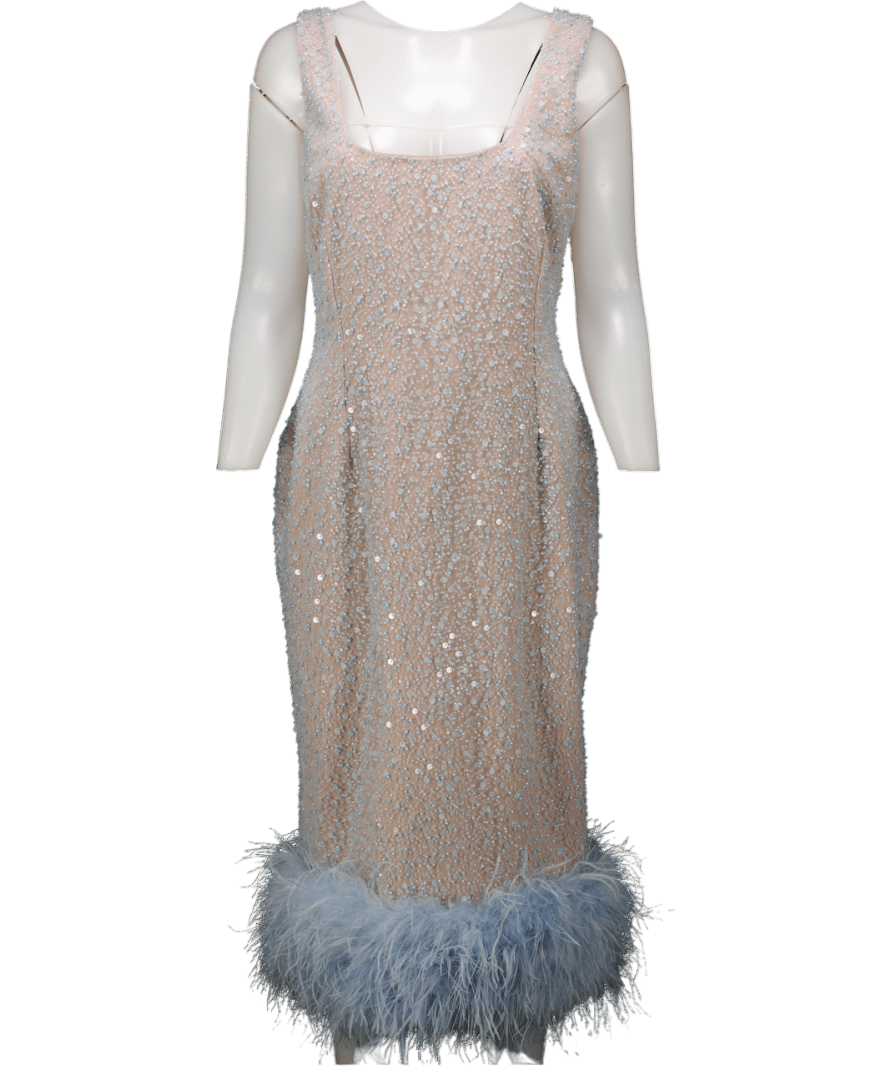 Nadine Merabi Baby Blue / Nude Beaded Lulu Dress With Feather Hem UK L - Reliked