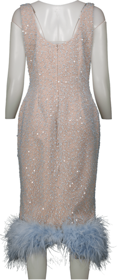 Nadine Merabi Baby Blue / Nude Beaded Lulu Dress With Feather Hem UK L - Reliked