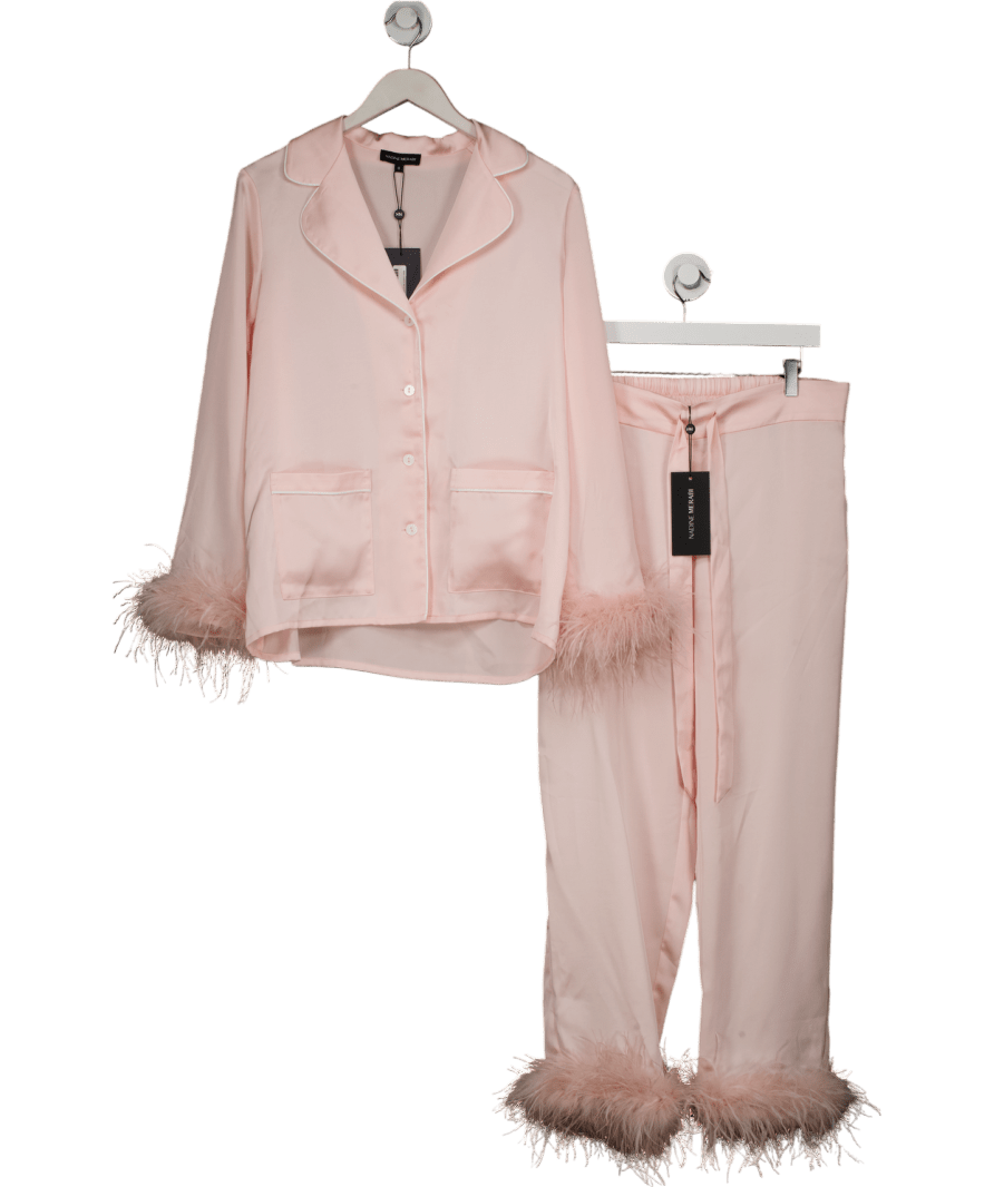 Nadine Merabi Blush Pink Satin Feather Trim Pyjamas With Diamante Button Detail UK M - Reliked