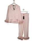 NADINE MERABI Blush Pink Satin Feather Trim Pyjamas With Diamante Button Detail UK XS