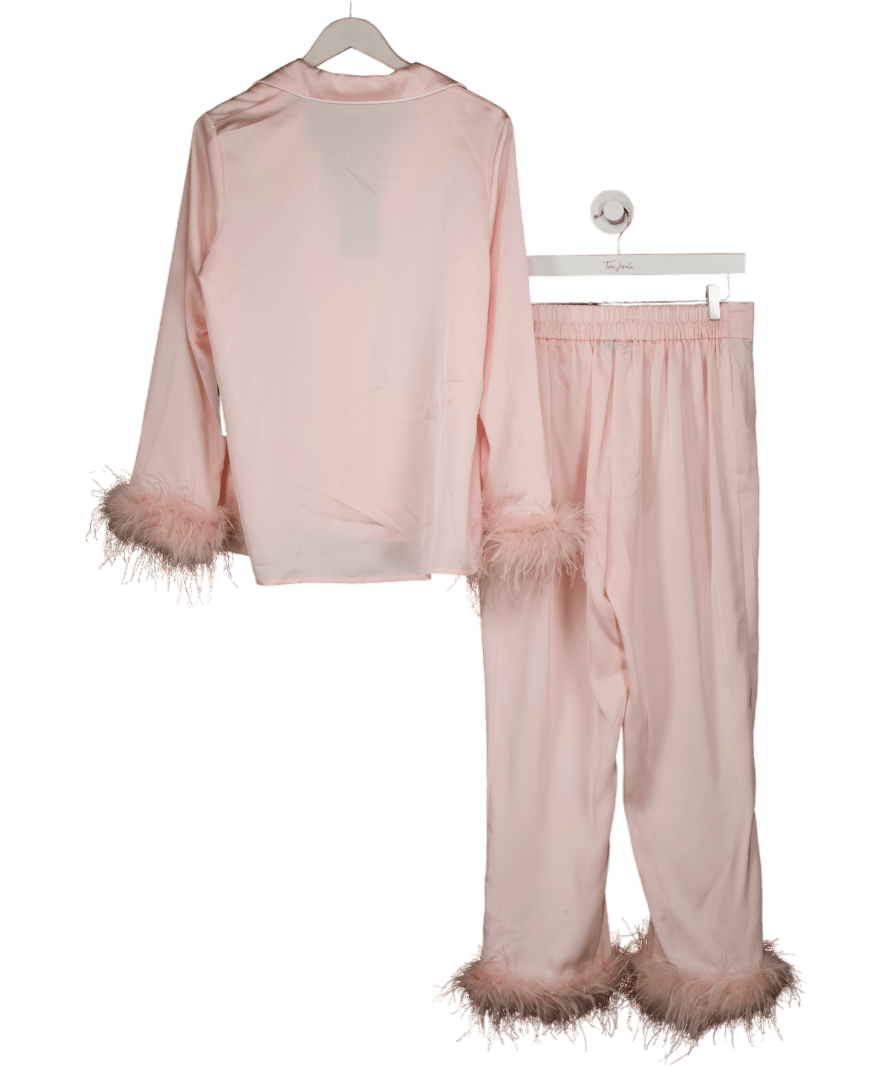NADINE MERABI Blush Pink Satin Feather Trim Pyjamas With Diamante Button Detail UK XS