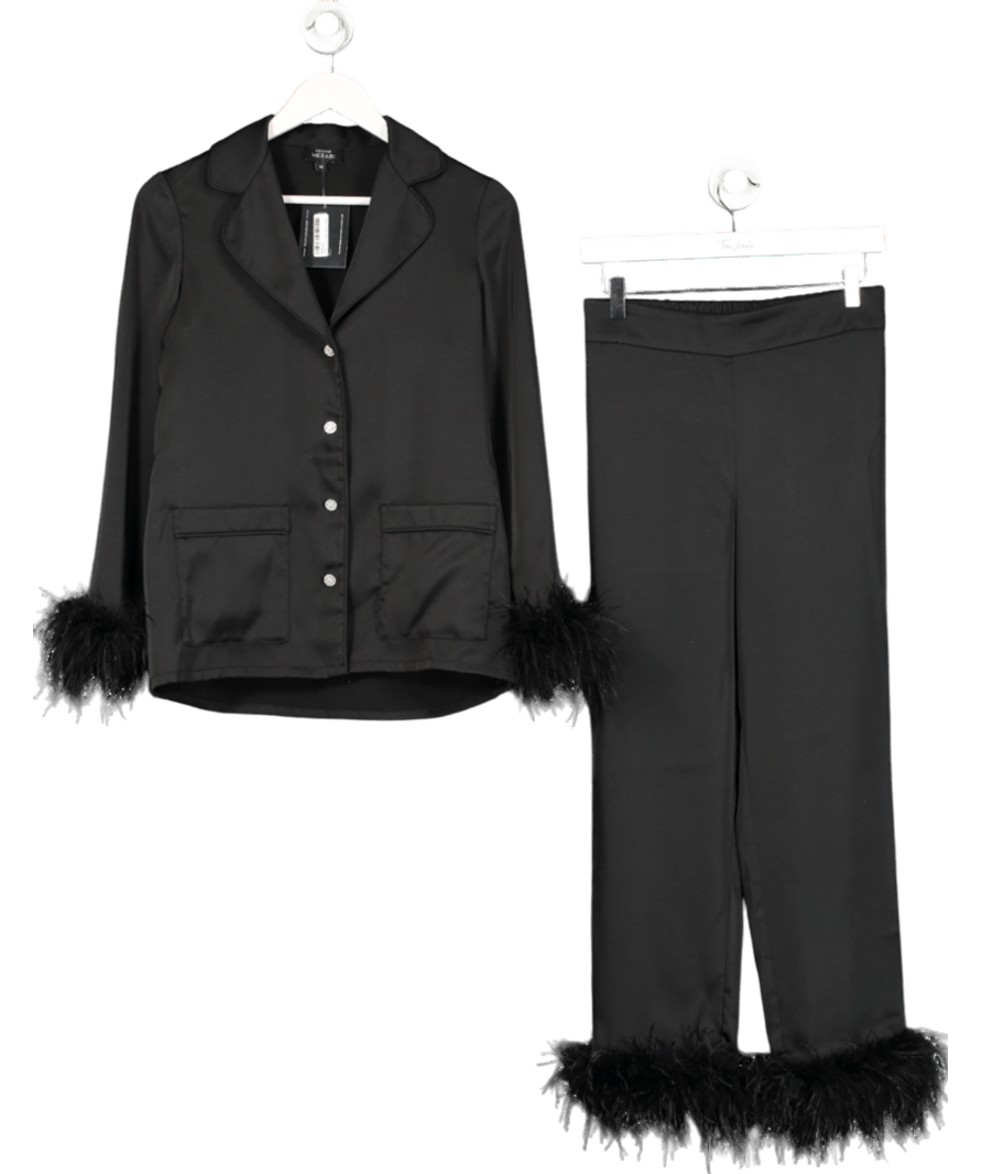 Nadine Merabi Darcie Black Satin Pyjama set with feather trim UK S - Reliked