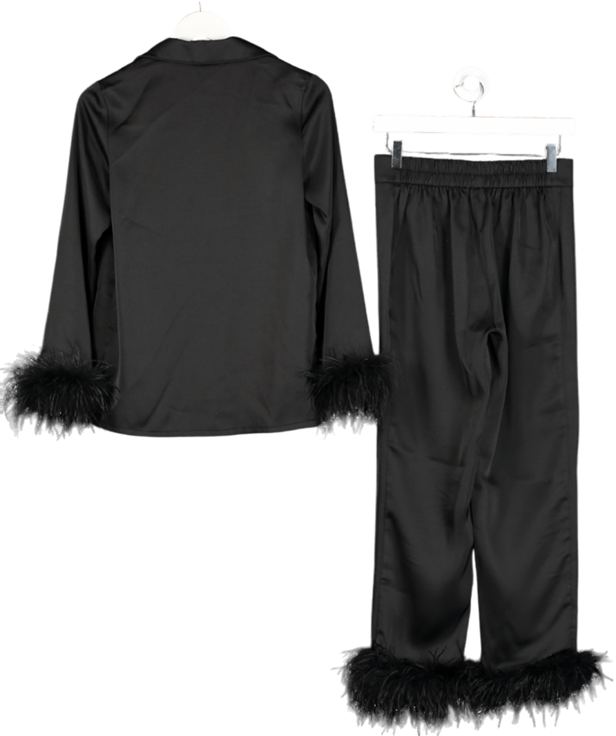 Nadine Merabi Darcie Black Satin Pyjama set with feather trim UK S - Reliked