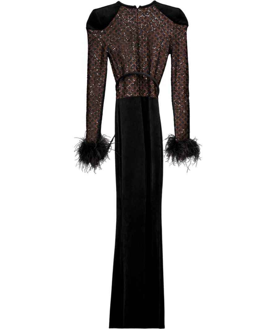 Nadine Merabi Monique Black Velvet Sequin And Feather Trim Jumpsuit UK XS - Reliked