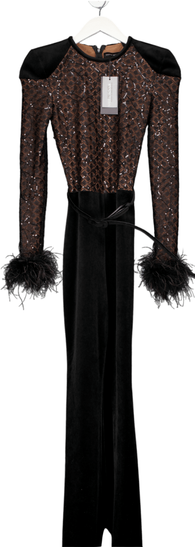 Nadine Merabi Monique Black Velvet Sequin And Feather Trim Jumpsuit UK XS - Reliked