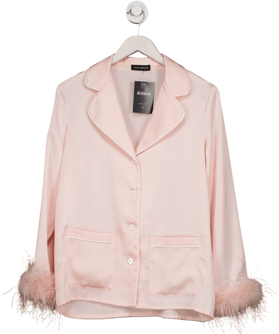 Nadine Merabi Pink Darcie Feather Cuff Satin Top UK S/M - Reliked
