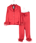 Nadine Merabi Red Satin Darcie Pyjama Set With Diamante Buttons And Feather Trim UK XL - Reliked