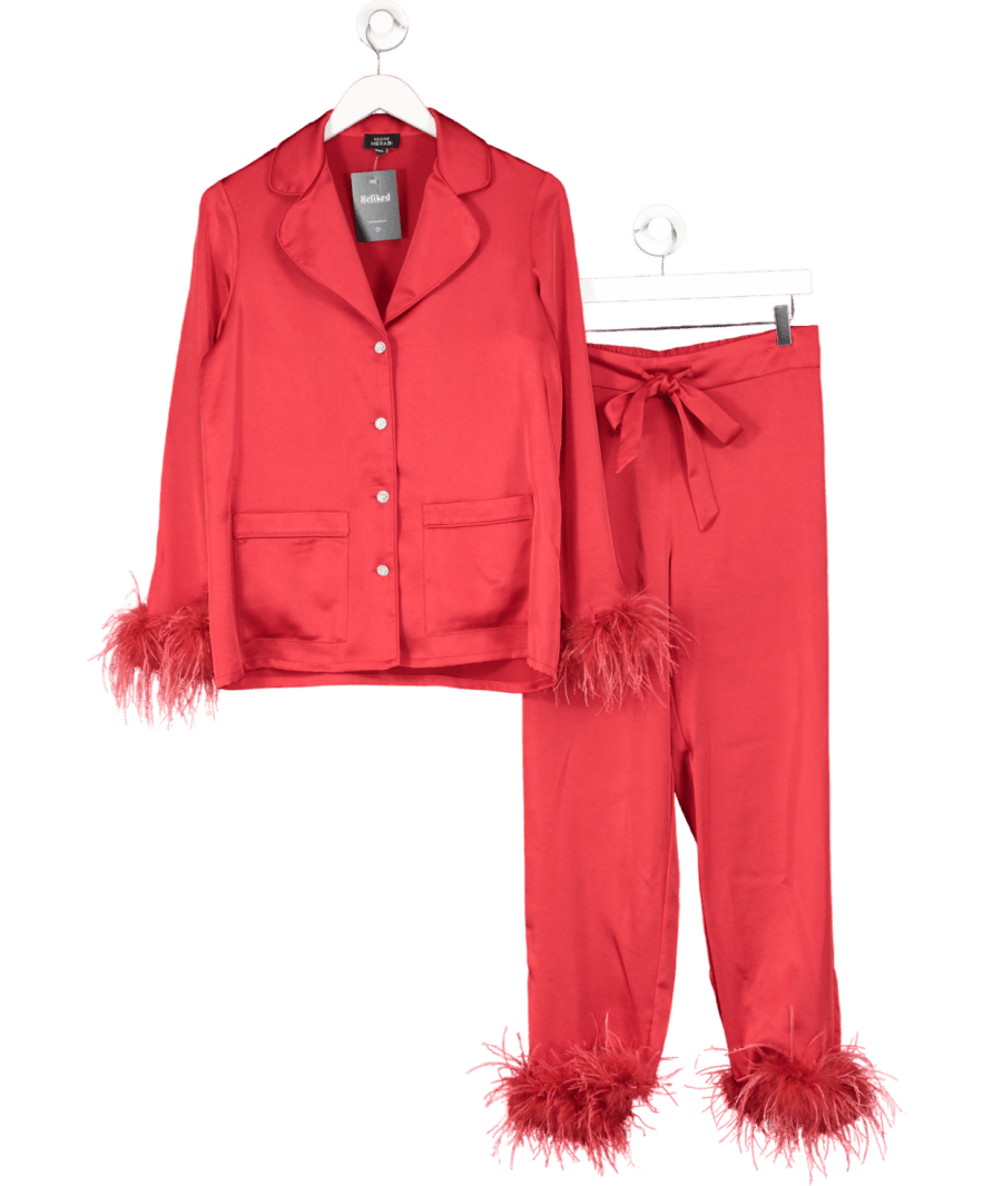 Nadine Merabi Red Satin Darcie Pyjama Set With Diamante Buttons And Feather Trim UK XL - Reliked