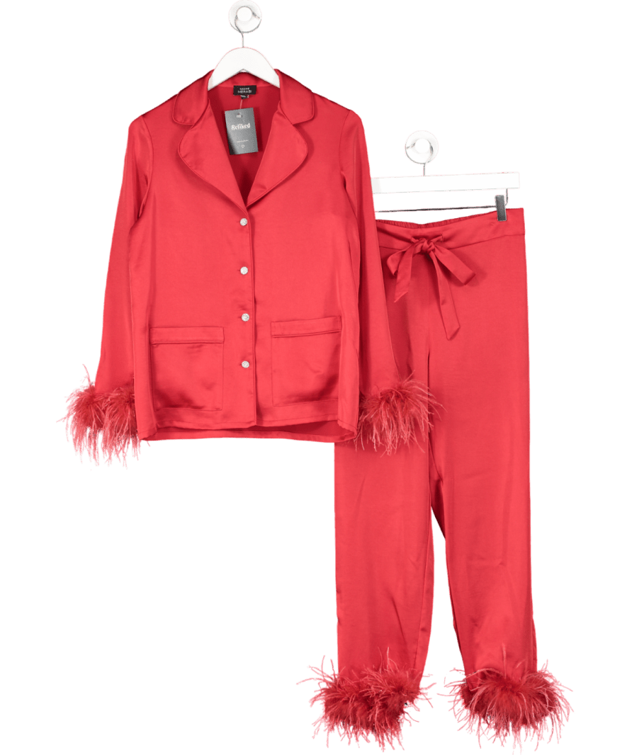Nadine Merabi Red Satin Darcie Pyjama Set With Diamante Buttons And Feather Trim UK XL - Reliked