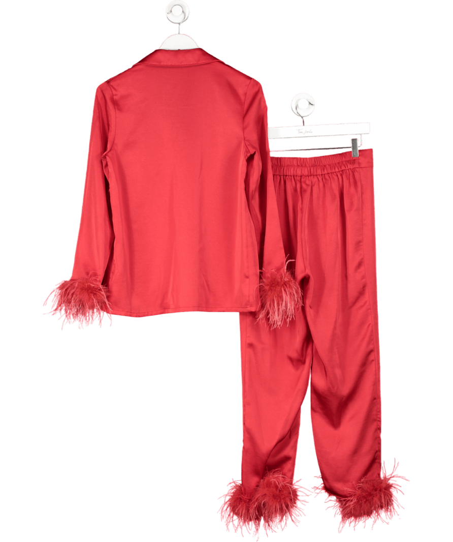 Nadine Merabi Red Satin Darcie Pyjama Set With Diamante Buttons And Feather Trim UK XL - Reliked