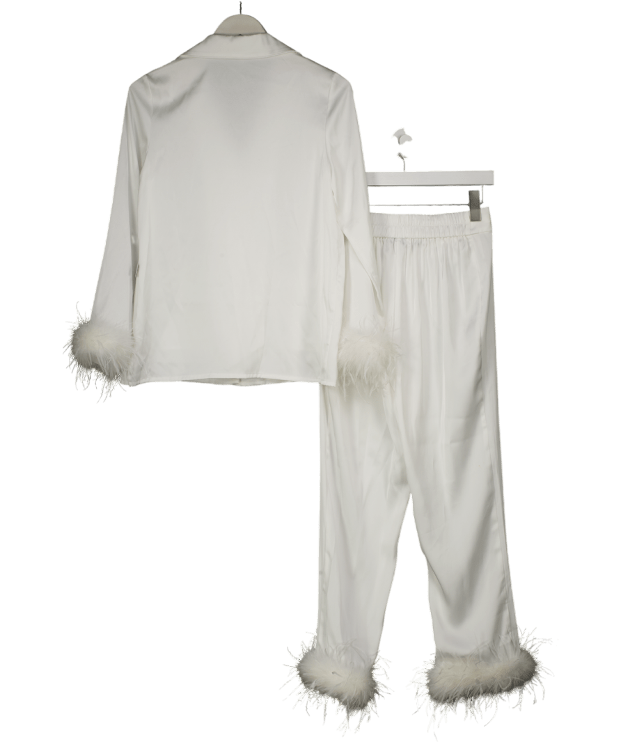 Nadine Merabi White Darcie Satin feather trim Pyjamas with crystal buttons UK XS - Reliked