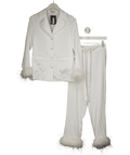 Nadine Merabi White Darcie Satin feather trim Pyjamas with crystal buttons UK XS - Reliked