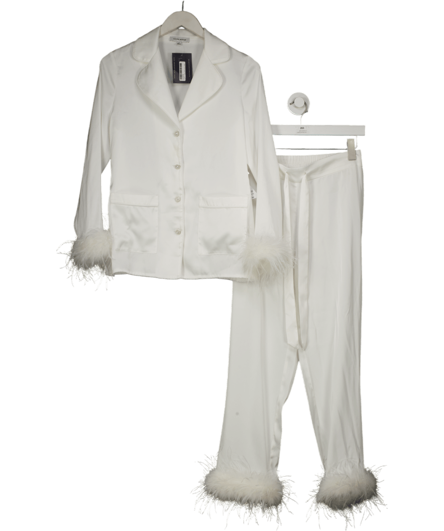 Nadine Merabi White Darcie Satin feather trim Pyjamas with crystal buttons UK XS - Reliked