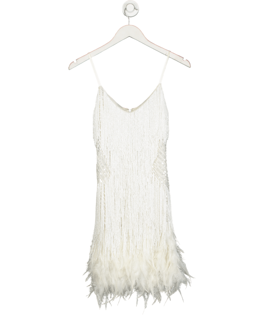 Nadine Merabi White Feather Trimmed Beaded Lottie Dress UK 6 - Reliked