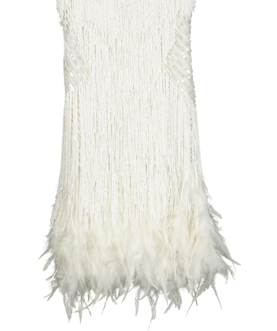 Nadine Merabi White Feather Trimmed Beaded Lottie Dress UK 6 - Reliked