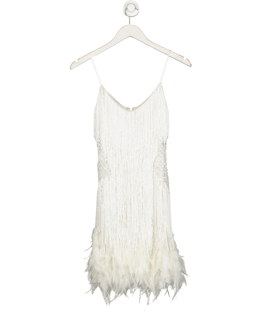 Nadine Merabi White Feather Trimmed Beaded Lottie Dress UK 6 - Reliked