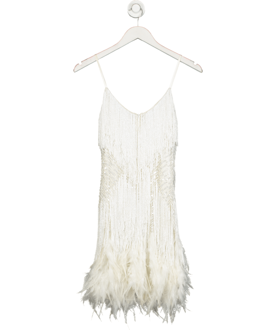 Nadine Merabi White Feather Trimmed Beaded Lottie Dress UK 6 - Reliked