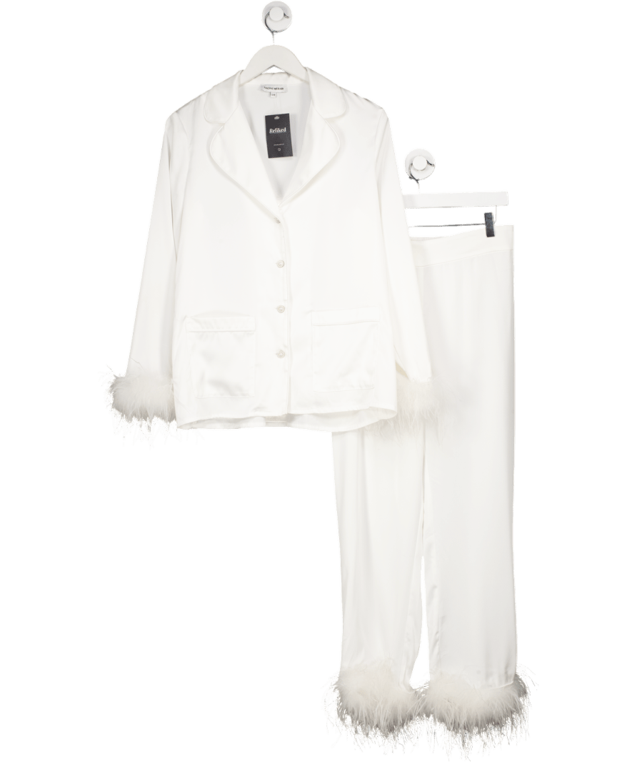Nadine Merabi White Satin Feather Trim Pyjamas With Diamante Button Detail UK S/M - Reliked