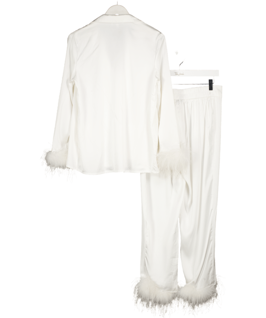 Nadine Merabi White Satin Feather Trim Pyjamas With Diamante Button Detail UK S/M - Reliked