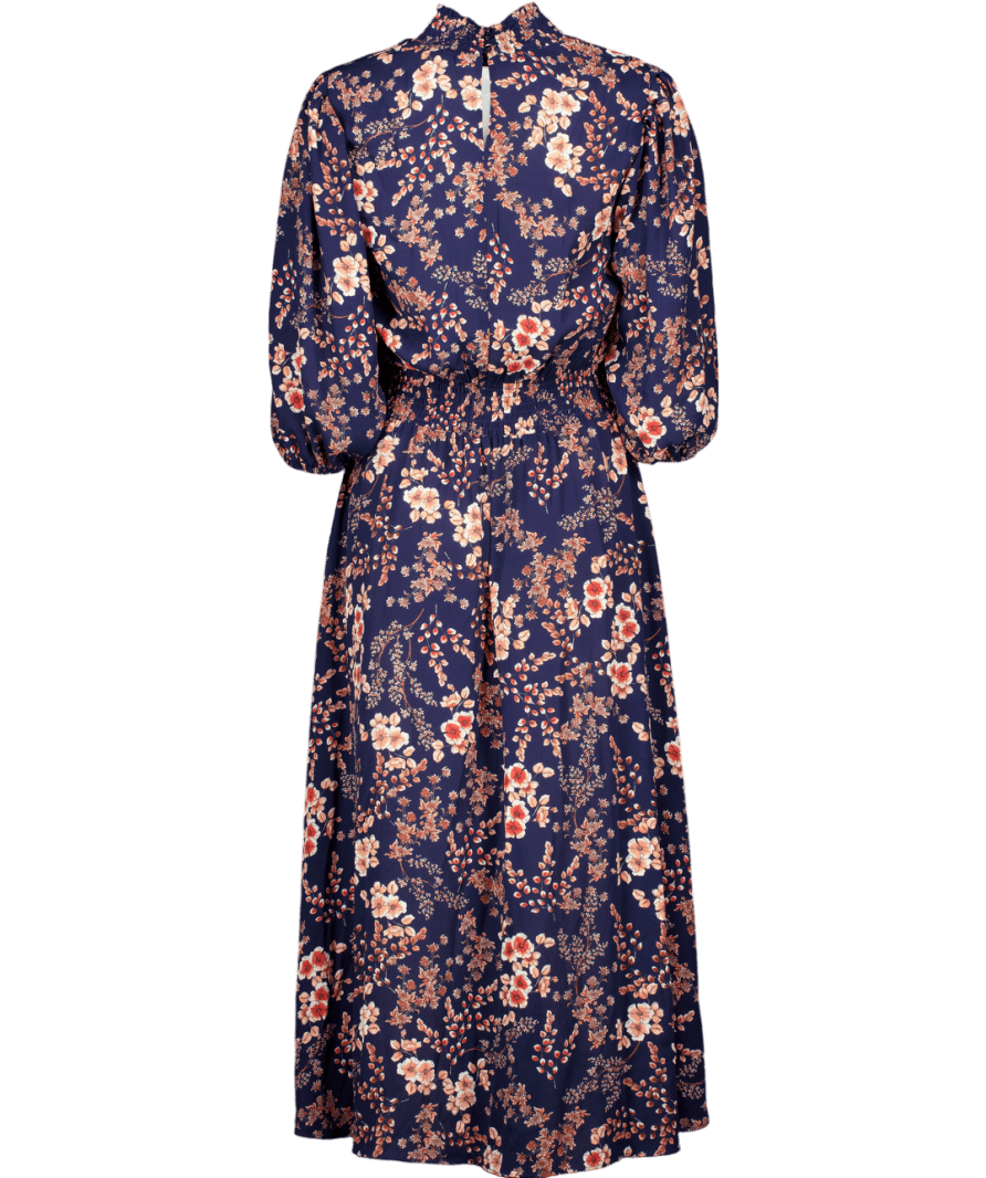 Nanette Lepore Navy Blue Floral Print Midi Dress UK 10 - Reliked
