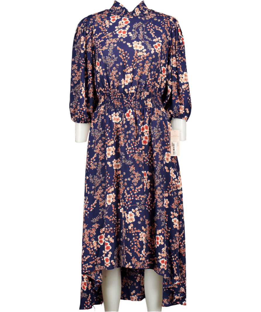 Nanette Lepore Navy Blue Floral Print Midi Dress UK 10 - Reliked
