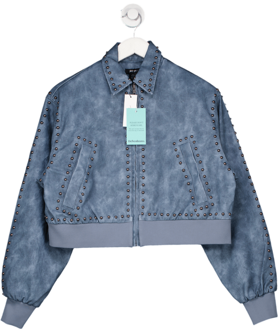 Nasty Gal Blue Distressed Faux Leather Studded Bomber Jacket UK 6 - Reliked