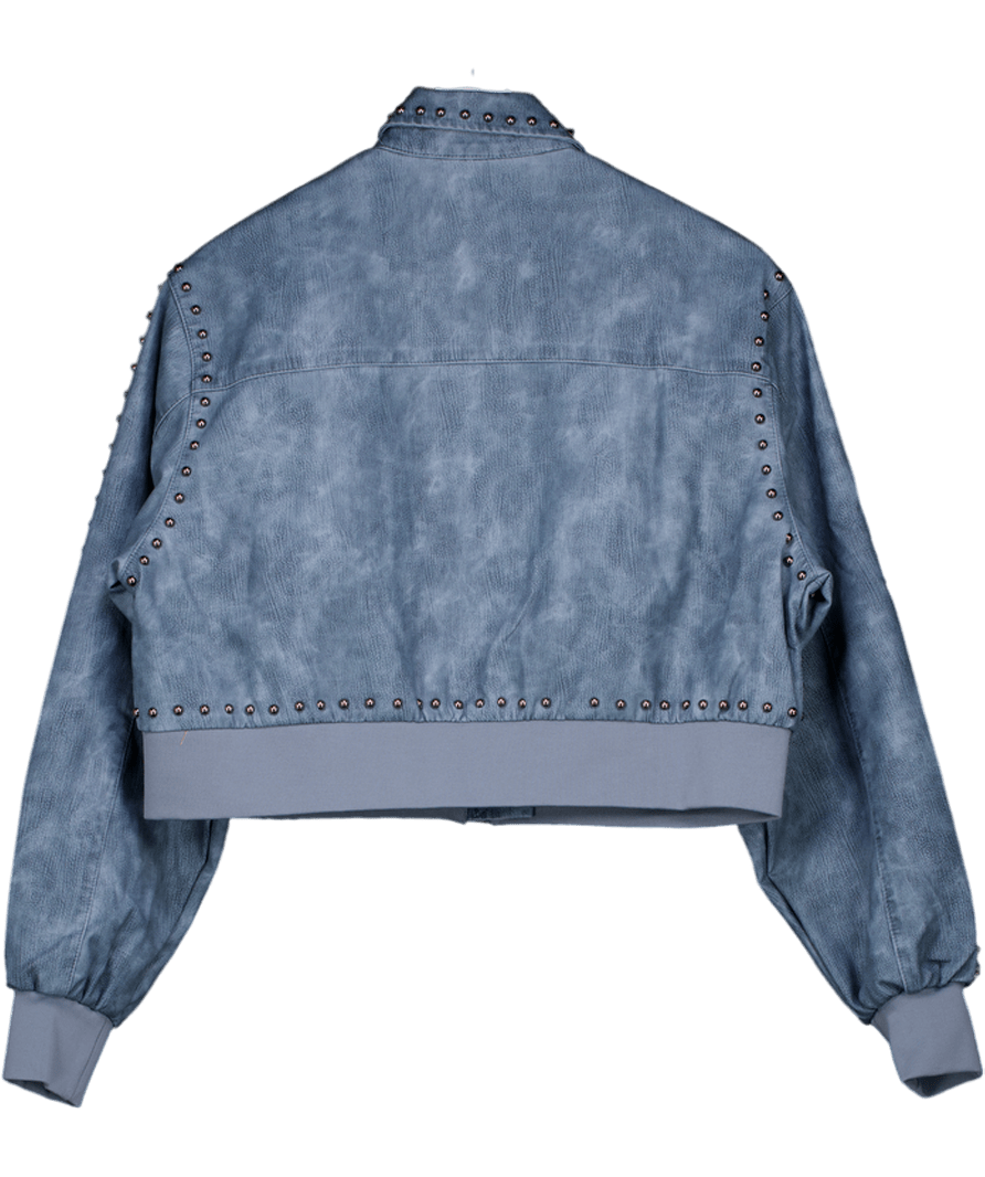 Nasty Gal Blue Distressed Faux Leather Studded Bomber Jacket UK 6 - Reliked