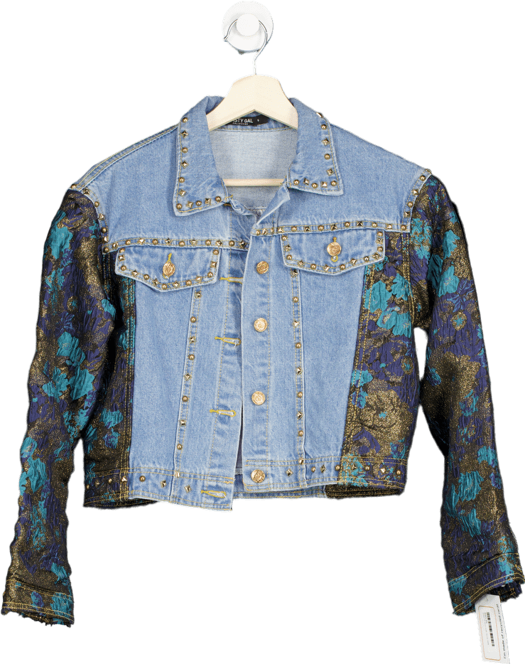 Nasty Gal Blue/Multicolour Studded Denim and Brocade Jacket S - Reliked