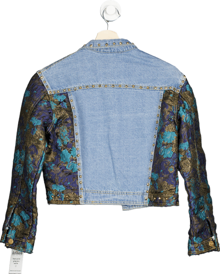 Nasty Gal Blue/Multicolour Studded Denim and Brocade Jacket S - Reliked