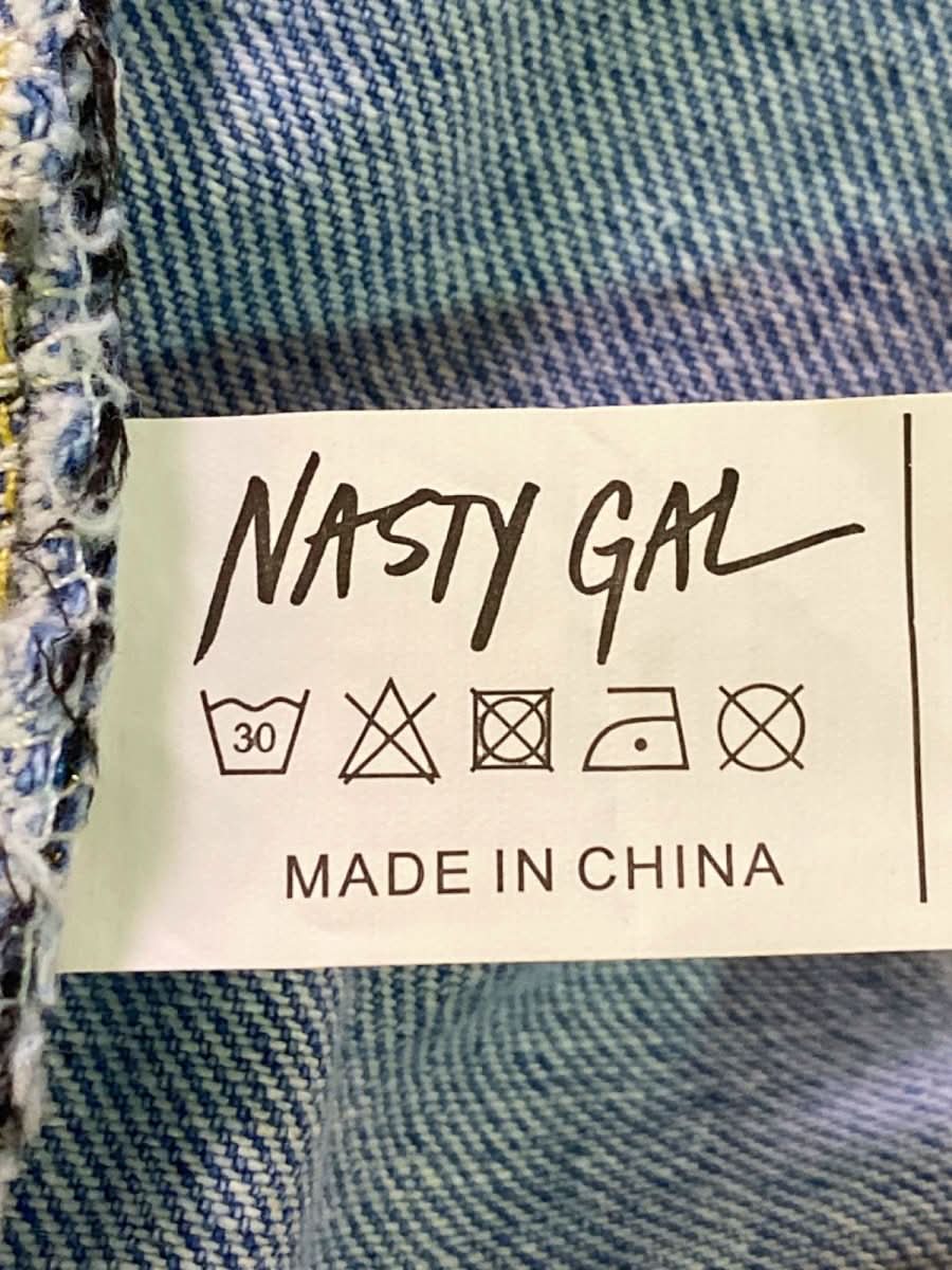 Nasty Gal Blue/Multicolour Studded Denim and Brocade Jacket S - Reliked