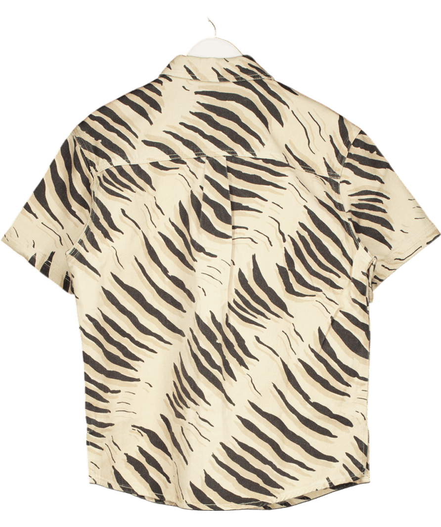 Nasty Gal Cream Tiger Print Short Sleeve Denim Shirt UK 6 - Reliked