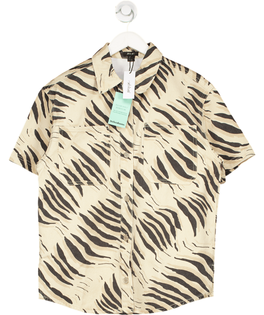 Nasty Gal Cream Tiger Print Short Sleeve Denim Shirt UK 6 - Reliked