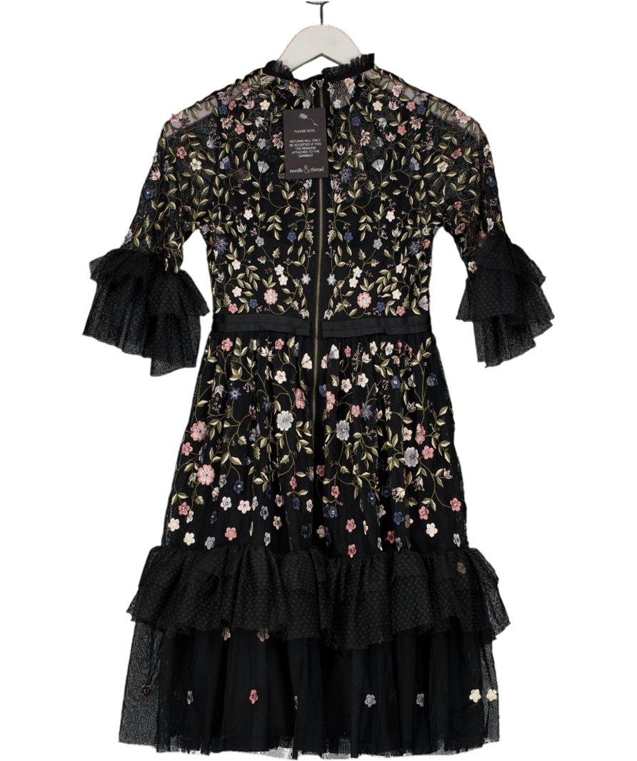 Needle & Thread Black Dusk Floral Embroidered Tulle Midi Dress UK 4 - Reliked